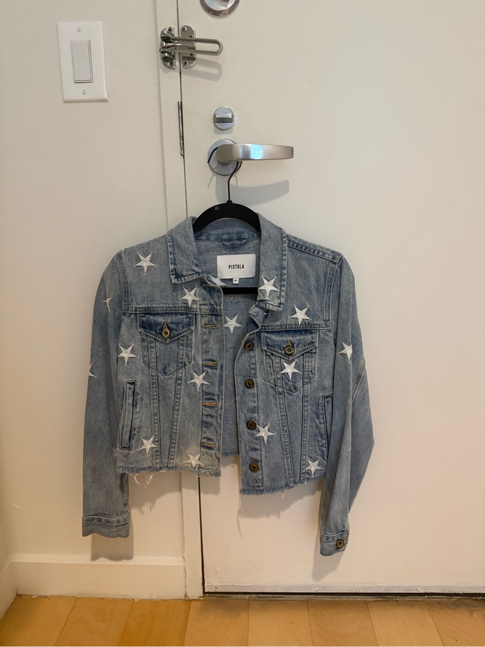 pistola Light Blue Star Print Cropped Denim Jacket
